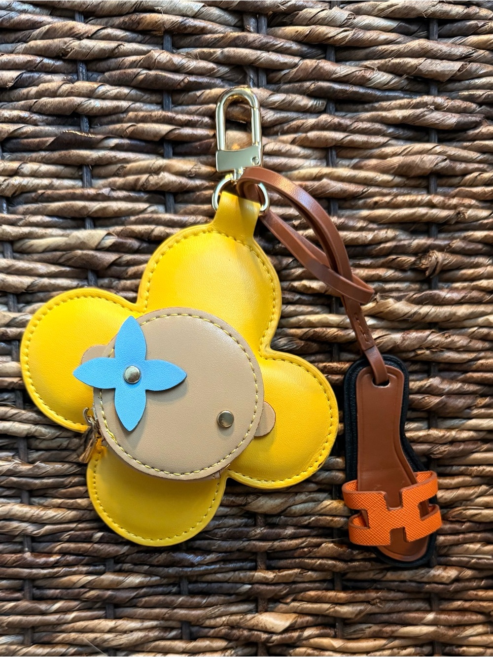 Yellow Flower Keychain Bag Charm Coin Purse with Blue Accent